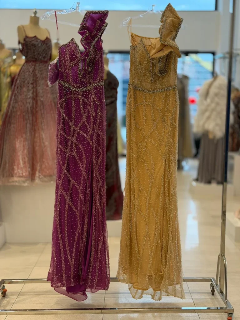 Colorful evening dresses rack.