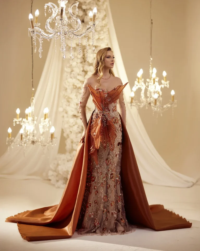 Model wearing a copper evening gown front.