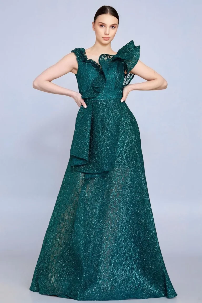 Model wearing a emerald green gown front.