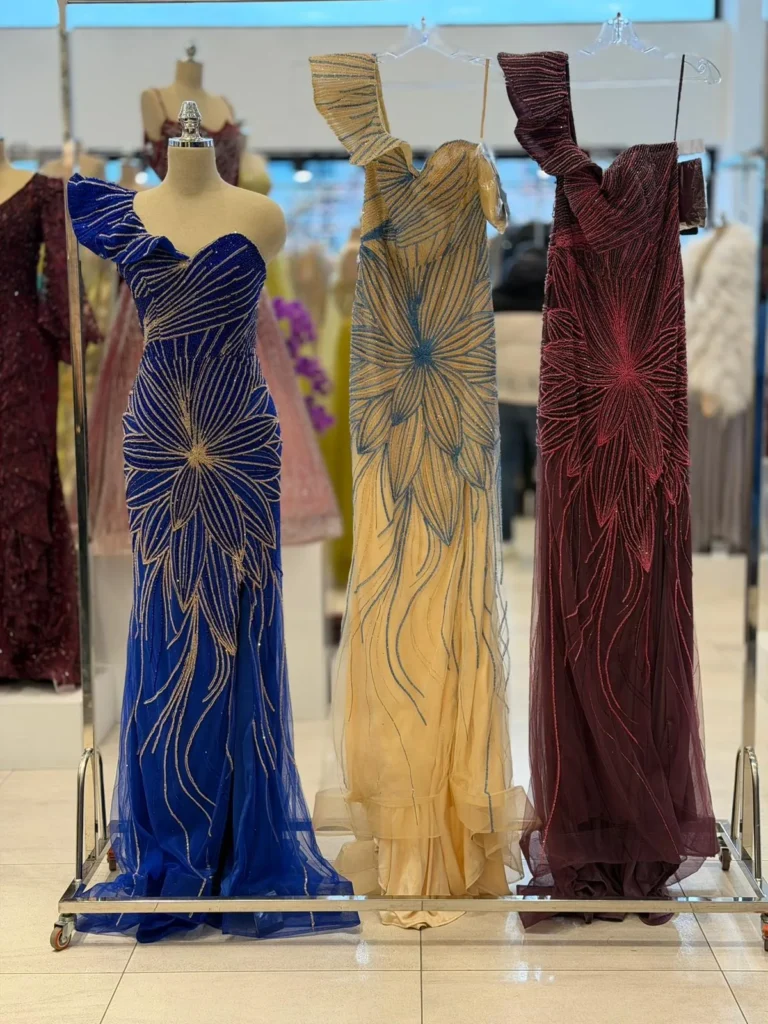 Evening gown collection display.