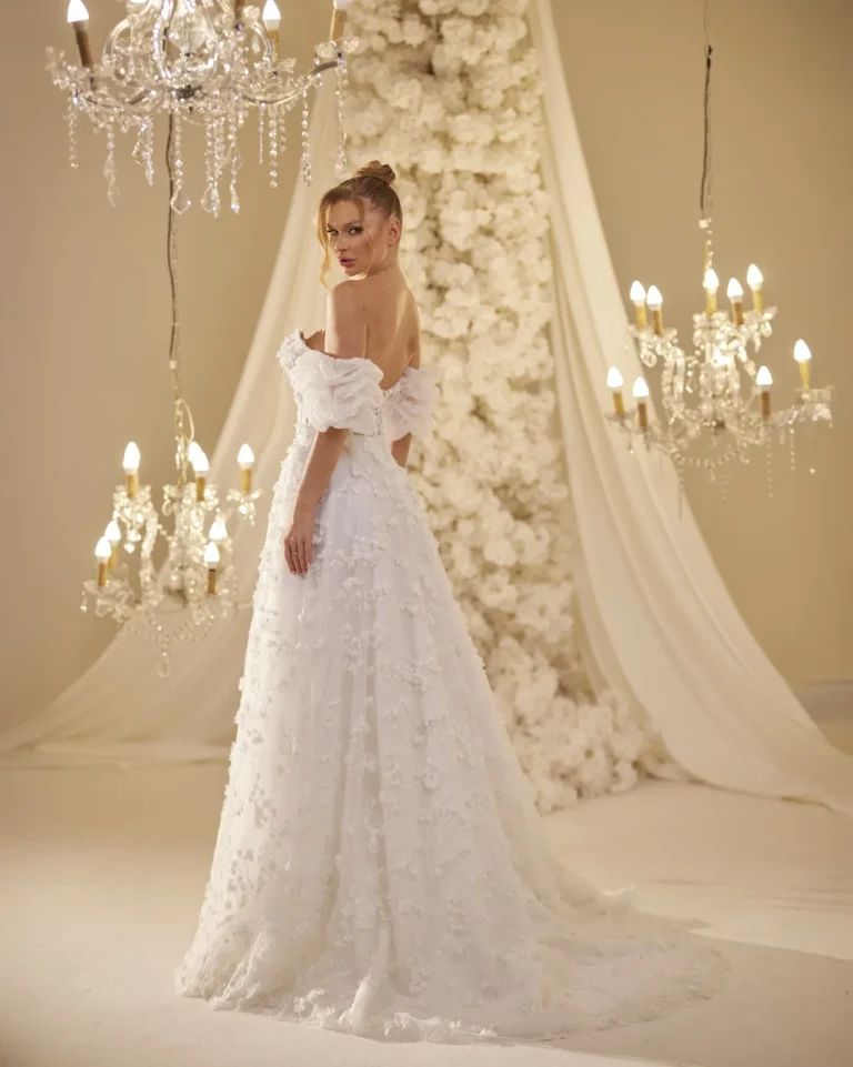 Model wearing a ivory bridal gown portrait.