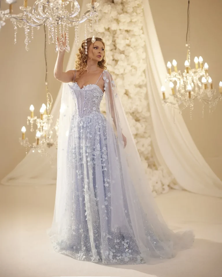 Model wearing a light blue evening gown back.