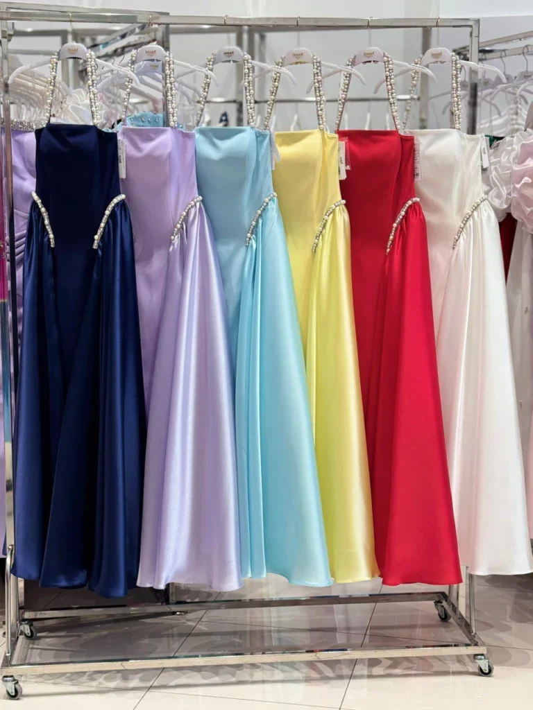 Pastel formal dresses display.
