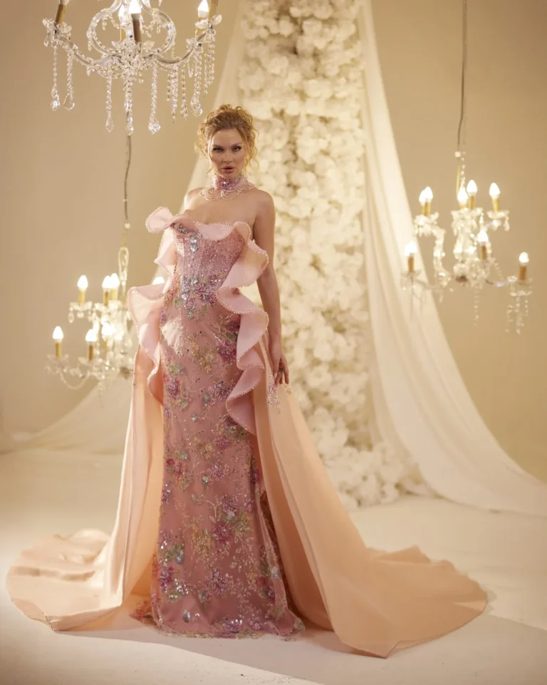 Model wearing a rose evening gown front.